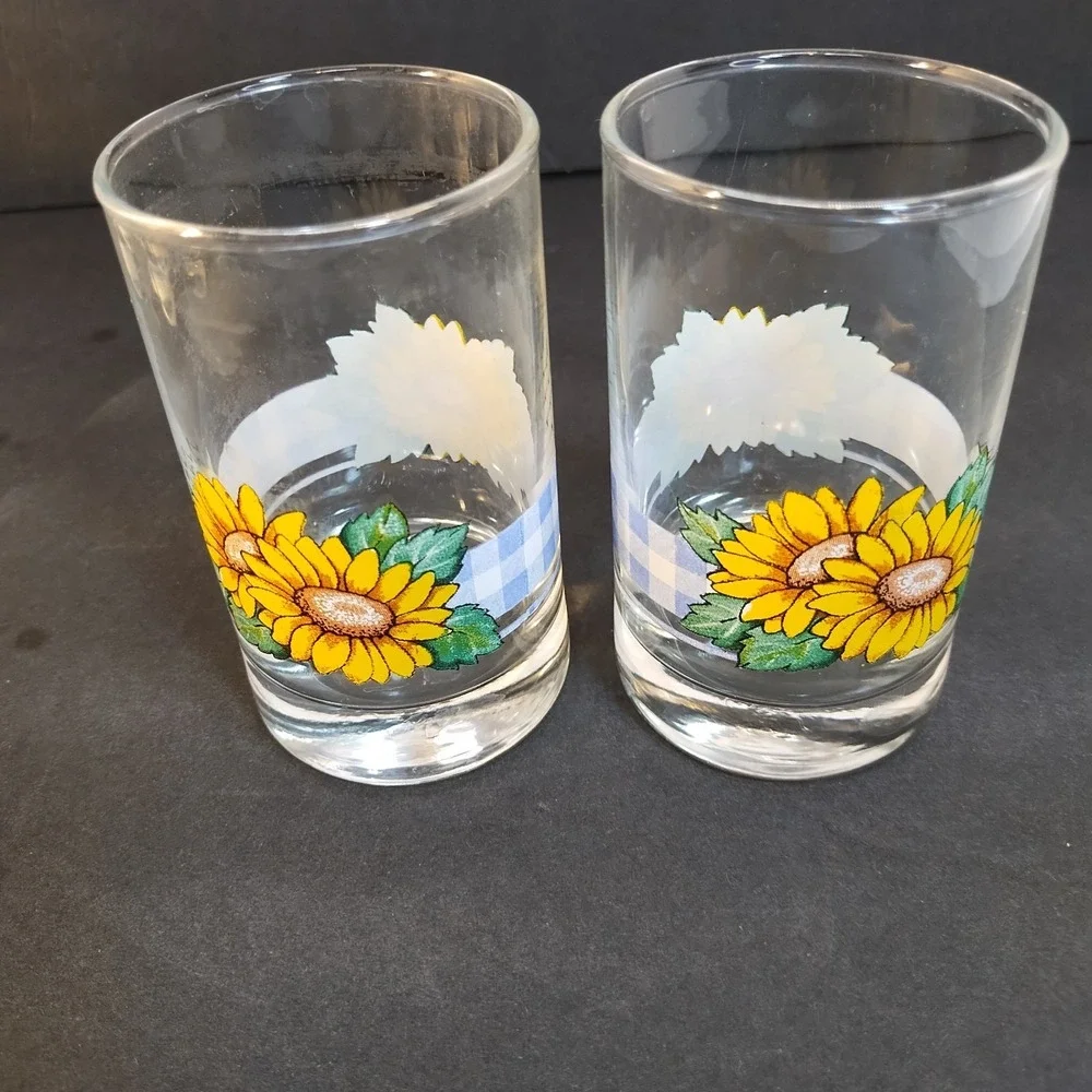 VTG Corelle Sunsations CRISA 5 pc Juice Glass Set Sunflowers Gingham 7 oz Blue